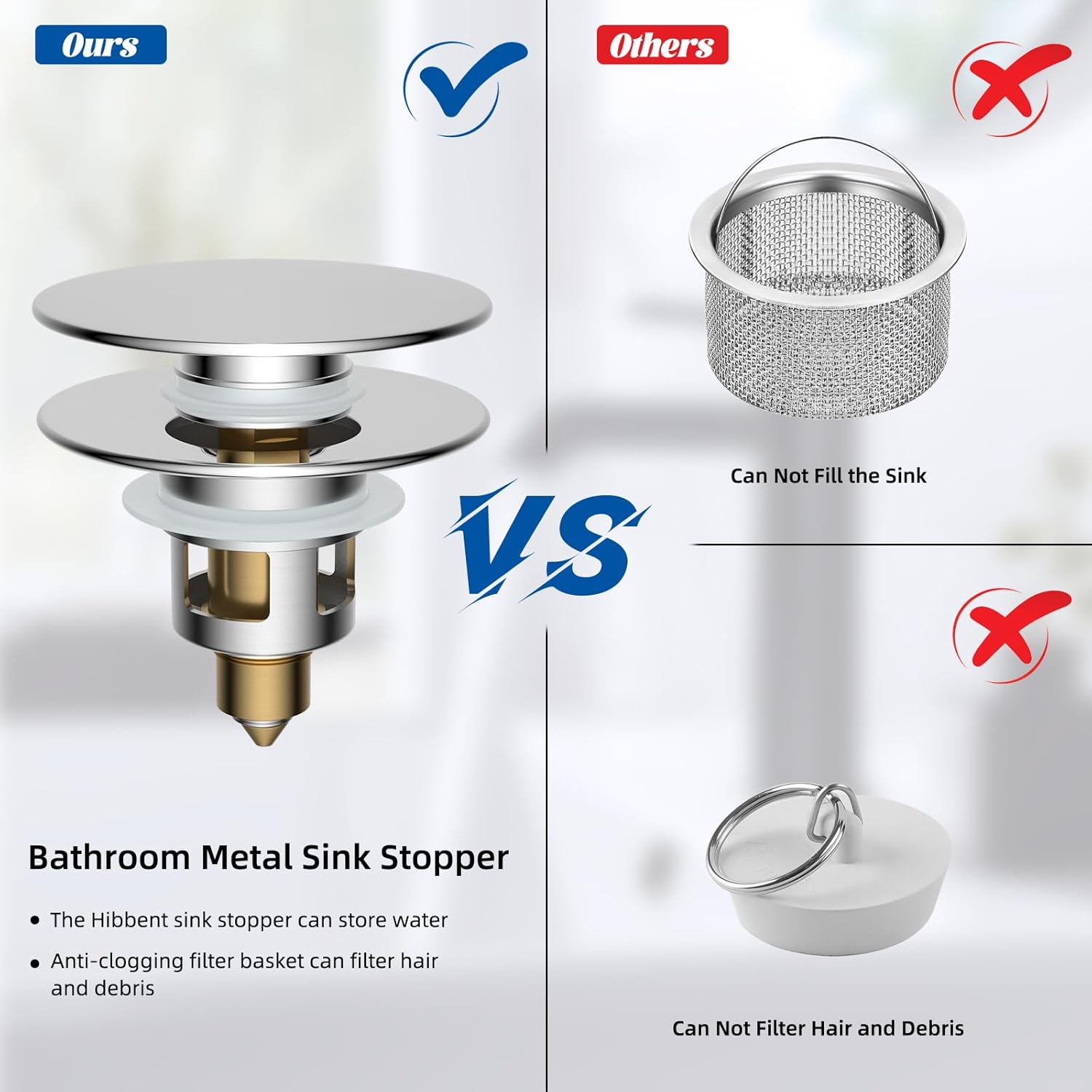 2 Pack All Metal Upgraded Bathroom Sink Stopper, Universal Pop Up Sink Drain Strainer, Brass Bullet Core Push Type Sink Stopper for 1''~2.3''' Basin, Anti β image 5