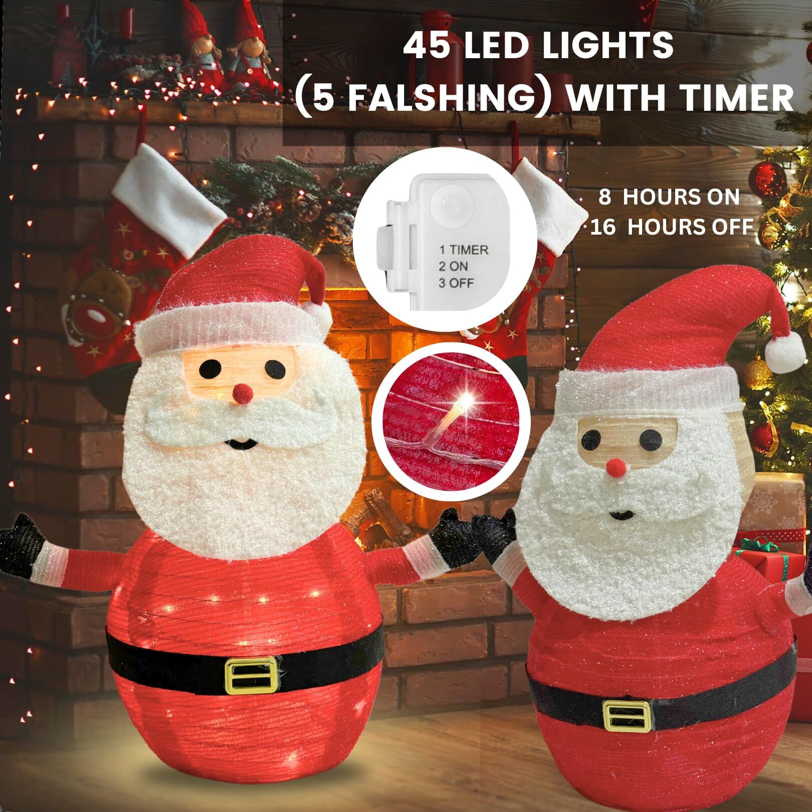 2-Pack Lighted Christmas Santa Claus Decoration Lantern, 45 LED Collapsible Pop-Up Ornament with 8 Light Modes & Timer, Indoor Outdoor Holiday Décor — image 2