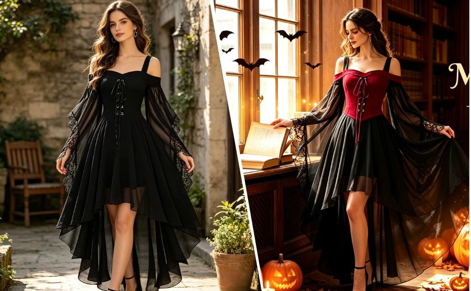 Women Witch Dress Halloween Costumes Vampire Woman Renaissance Medieval Butterfly Sleeve Mesh Gothic Dresses - Black - Size L — image 5