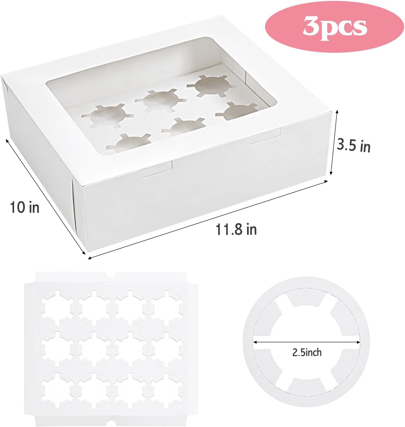 Moretoes 3PCS Cupcake Boxes with Window,Hold 12 Count Cupcake Containers for Cupcakes, Desserts, and More (White) โ image 2