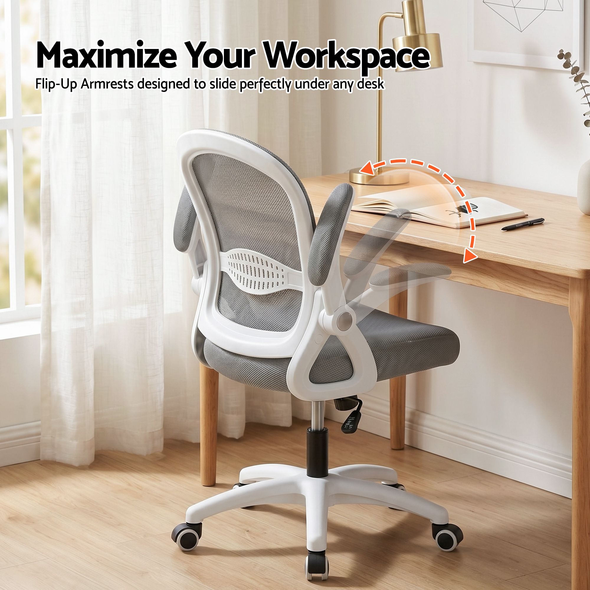 Artiss Computer Desk & Ergonomic Office Chair Set 120cm Home Office Study Desk with 3 Drawers & 3 Shelves, Mesh Computer Chair with Flip-Up Armrests — image 4