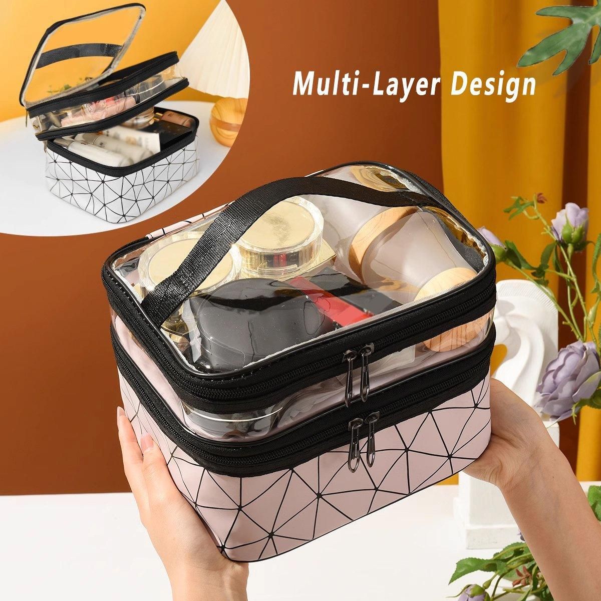 Portable Double-Layer Large Capacity Waterproof Cosmetic Bag Travel Toiletry Bag - Silver — image 5
