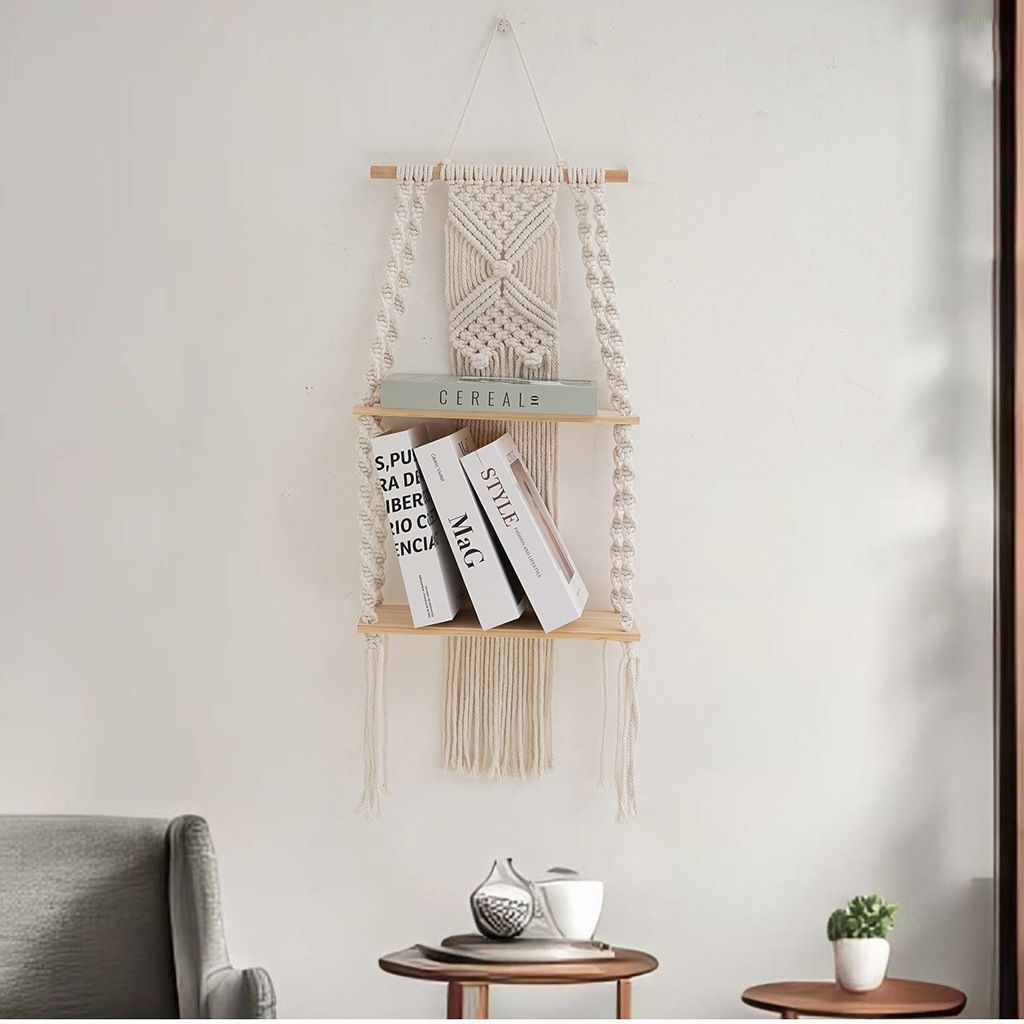 Wall Hanging Shelf Tassel Woven Shelves,Boho Wall Hanging Shelves for Small Plants Photo Frames,Home Living Room Bedroom Balcony Decor (beige) โ image 3