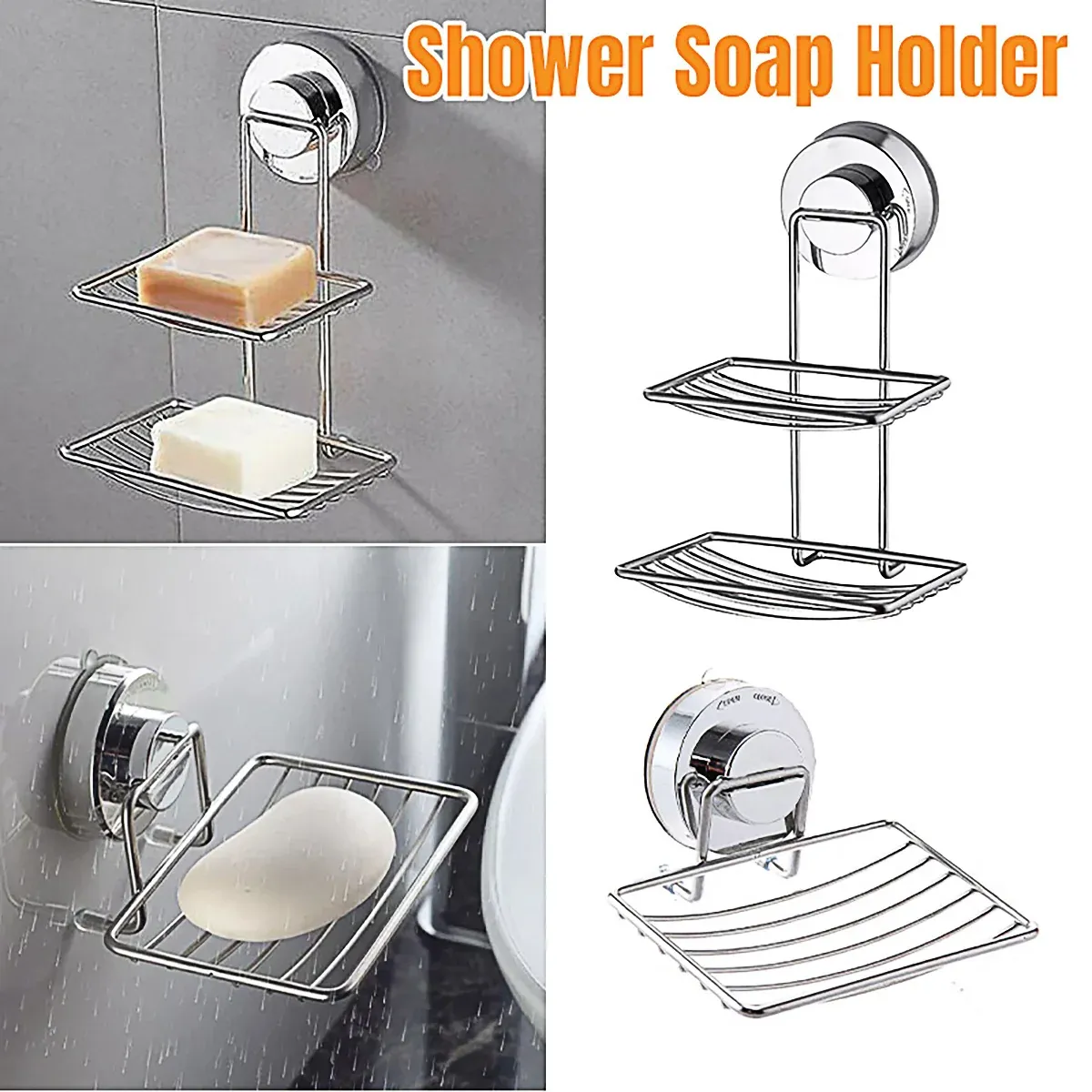 Shower Bar Holder Suction Basket Wall Mounted Stainless Steel Bathroom Soap Dish - Double Layer — image 2
