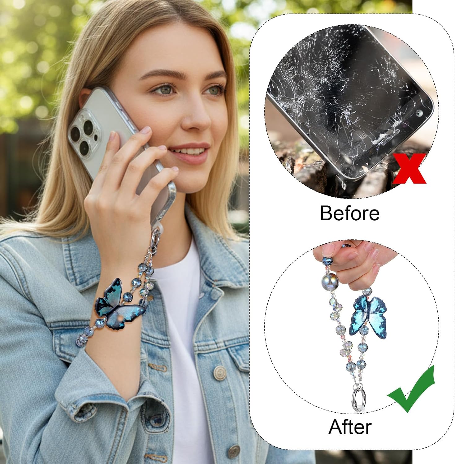 Cute Phone Charm Wrist Strap with Spacer,Butterfly Beaded Phone Chain Wristlet for Case Cellphone Chain Lanyard — image 4