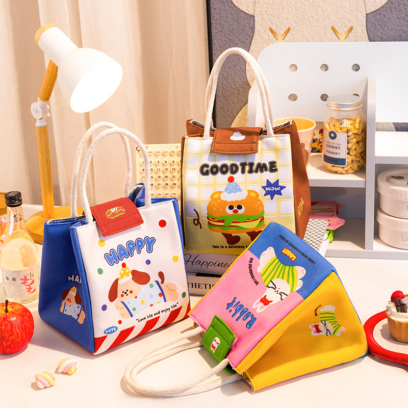 3 PCS Cute Cartoon Large Capacity Lunch Bag - Portable Soft Handbag for School and Office - Reusable Picnic Food Storage Pouch with Comfortable Rope