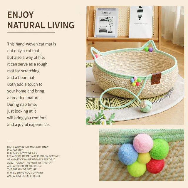 L Size Handwoven Natural Rattan Cat Bed and Scratcher - Washable Low-Mess Round Nest with White Removable Cushion, Pillow, Cooling Mat and Toy Ball โ image 3