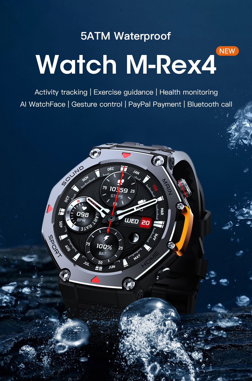 M-Rex4 Men Rugged GPS Smart Watch, 5ATM Waterproof Bluetooth Call Fitness Tracker Heart Rate Sleep Monitor,Orange Red — image 5