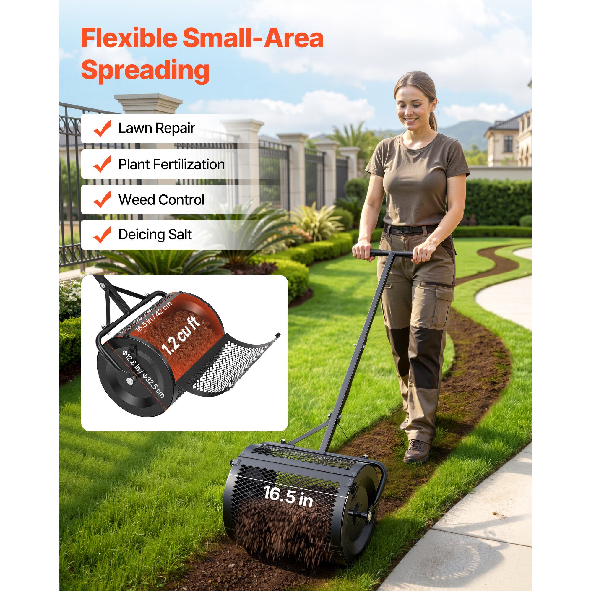 Compost Spreader, 42 cm Wide Peat Moss Spreader with T Shaped Handle, 3 Heights Adjustable, Powder-Coated Steel Garden Peat Moss Roller, Heavy Duty Grass Seed — image 2