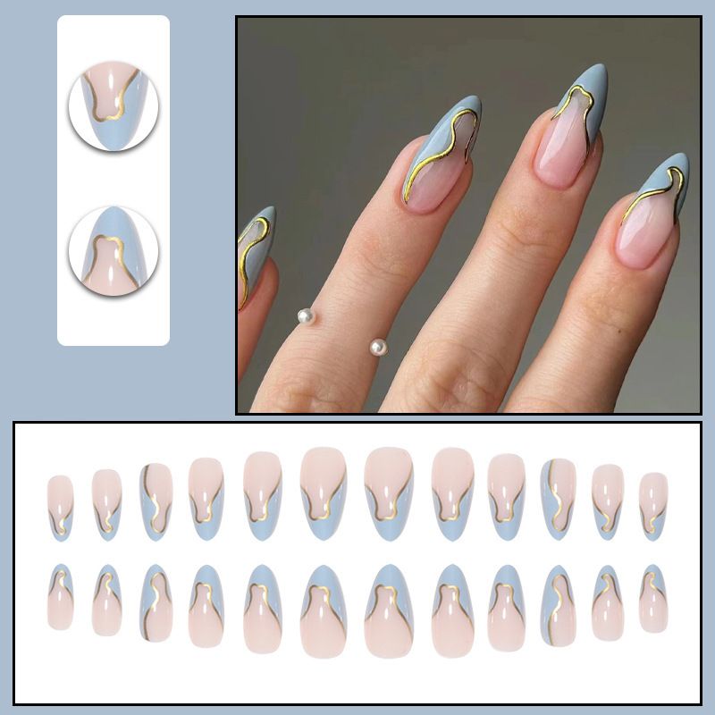 24 Pcs - MINGCHUN Summer Fake Nails Press ons French Nail Art Tips Glitter Line Design Full Cover Acrylic False Nails Glue — image 3