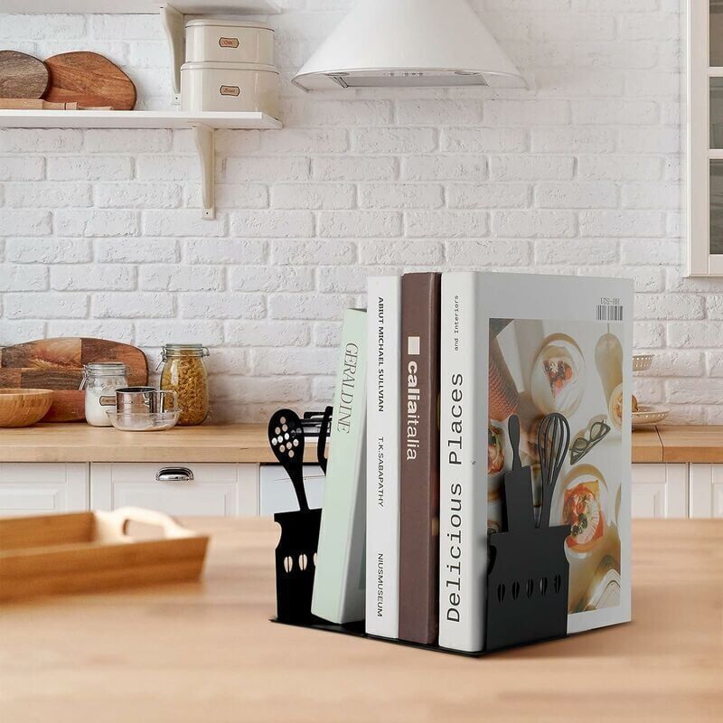 Cookbook Endcaps Black, Slip Mat Cookbook Holders Metal Cookbook Storage Metal Bookends with Anti-Decorative Cookbook Spoon — image 2