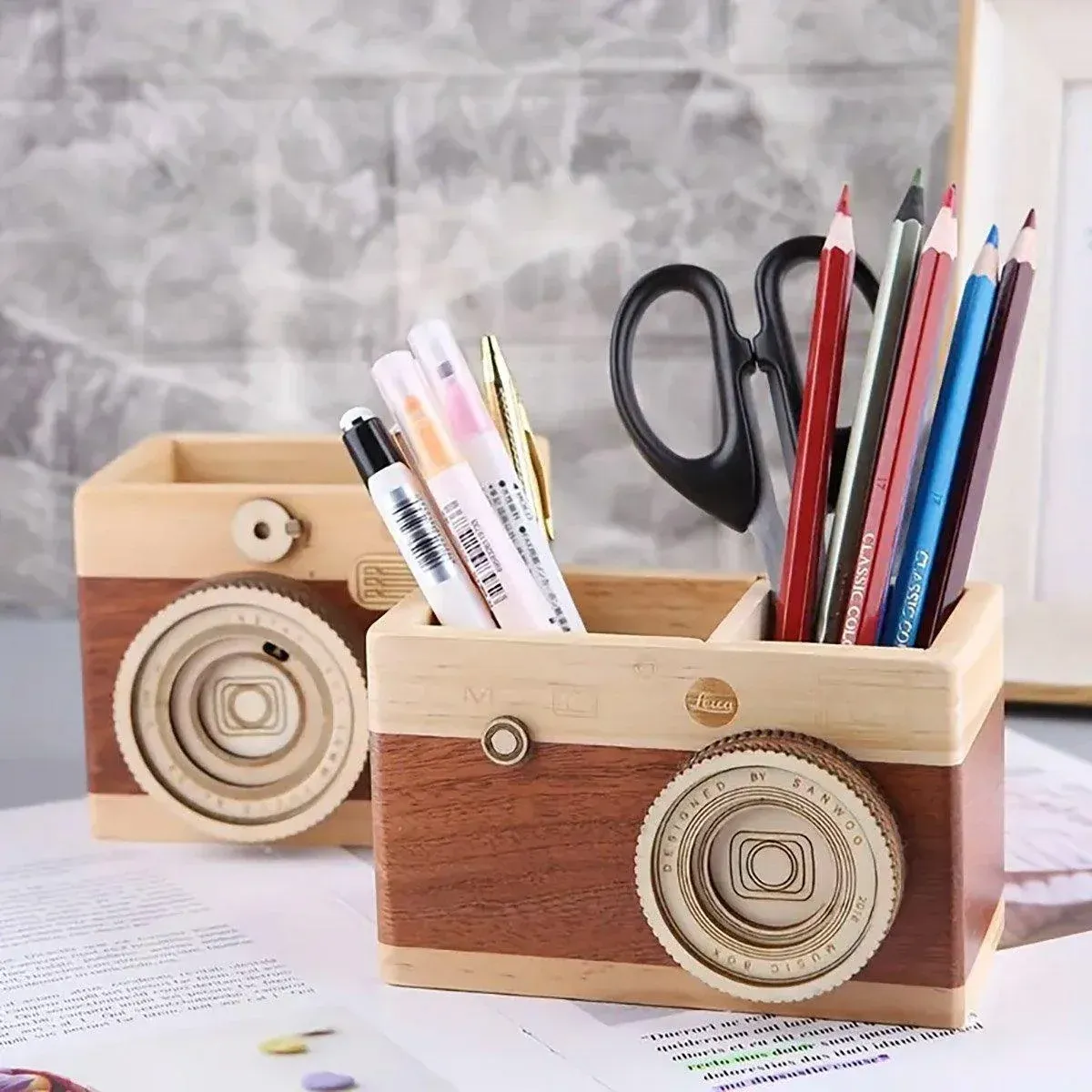 Vintage Wooden Camera Pen Holder Handmade Retro Gift Box Graduation Souvenir — image 4