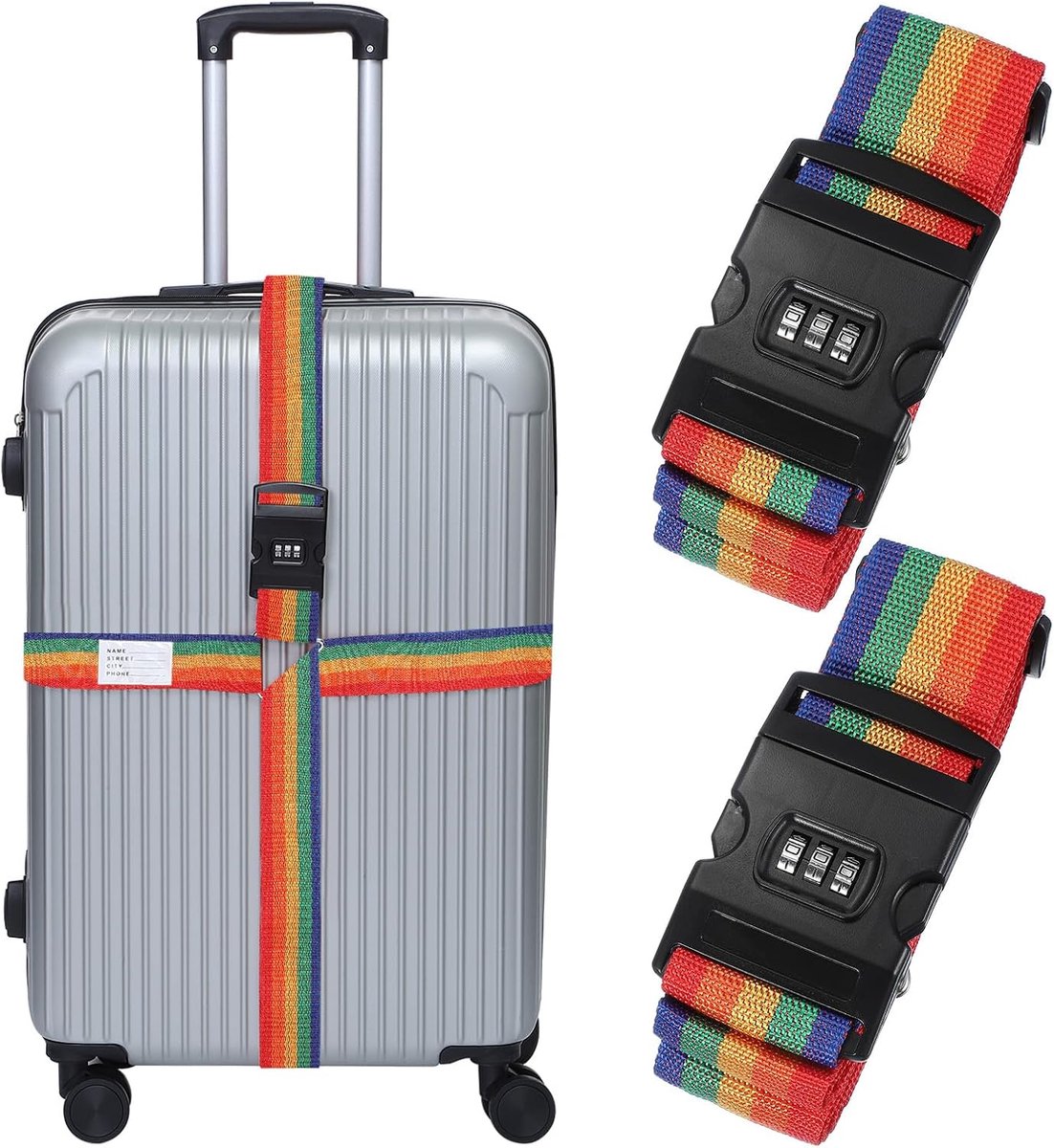 Cross-shaped luggage straps - with combination lock and name tag - adjustable travel straps for suitcases/briefcases/backpacks - rainbow colors - set of 2