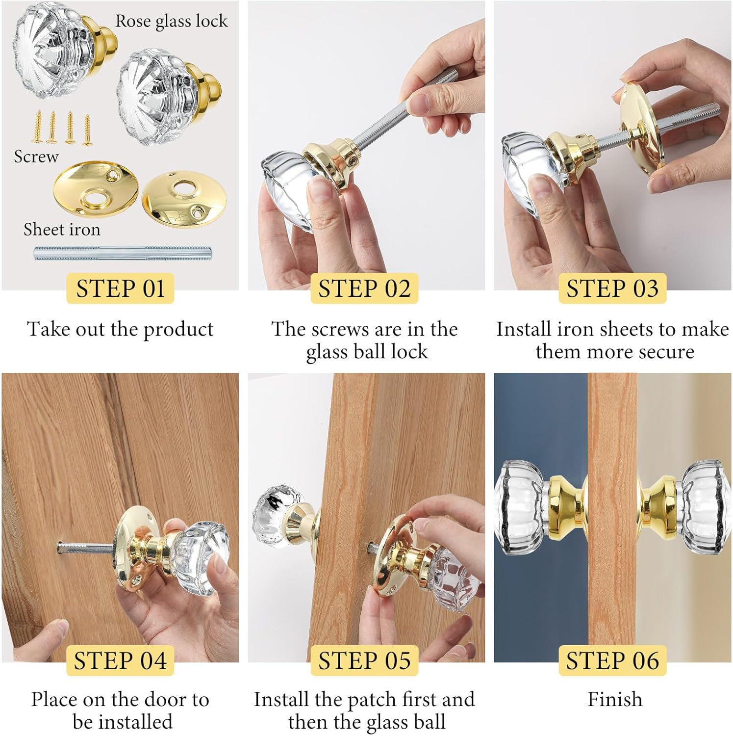 Amylove 1 Set Glass Door Knobs Antique Crystal Door Knobs Vintage Mortise Style Fluted Replacement Kit with 2-1/2 in Satin Brass Privacy for Bedroom โ image 2