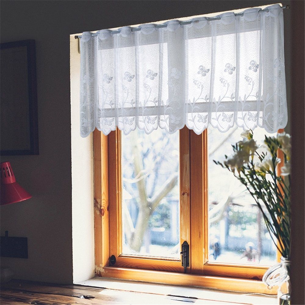 2 Pcs Rod Pocket polyester Curtain White Mesh Window Kitchen Embroidery Floral Voile Curtain forKitchen Cafe Dinning Bath Room, 130*45cm(Only curtains)