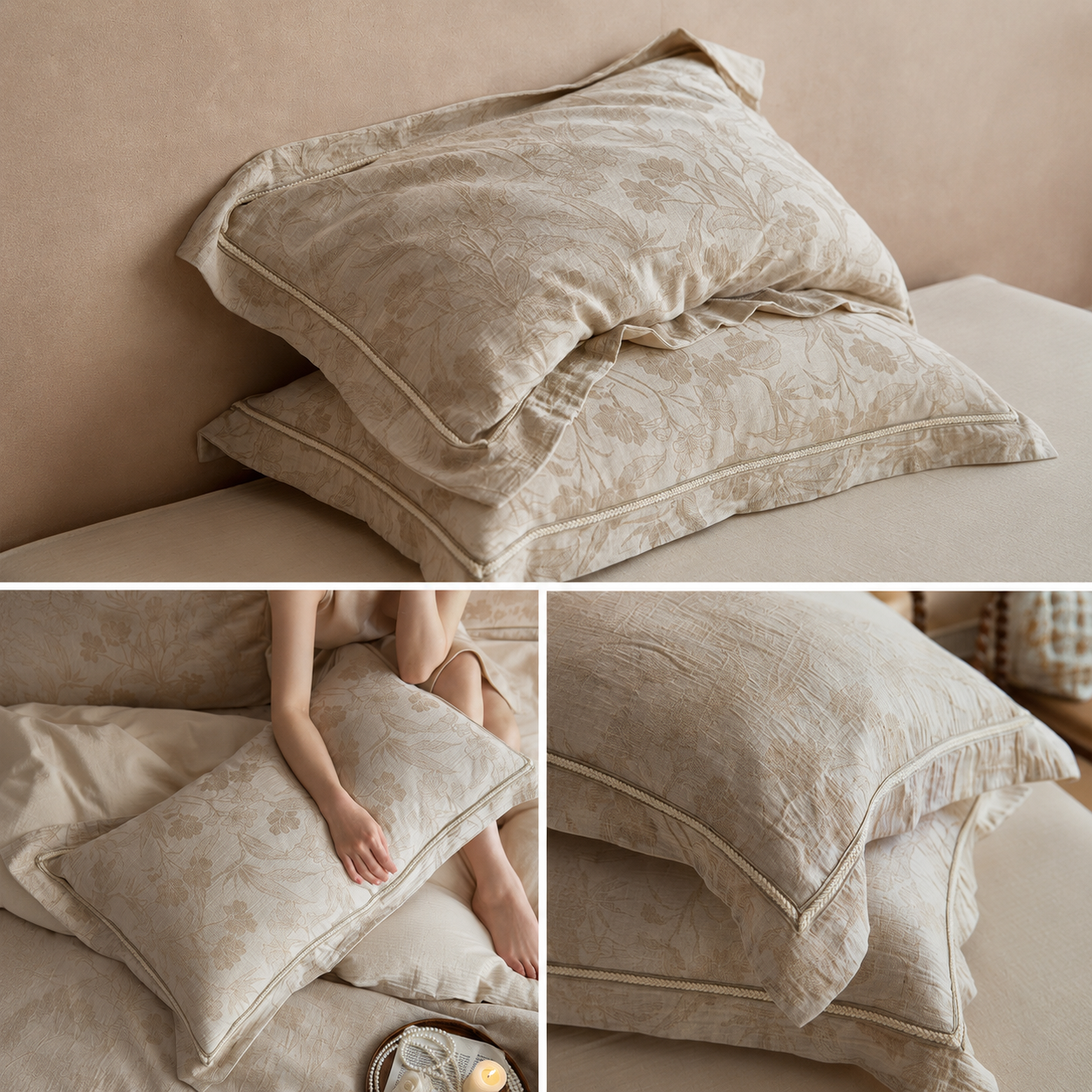 Floral Linen Style Pillowcase Set - 2 Piece Pillow Covers 48 x 74 cm - Wide Border Design (Style 1) — image 2