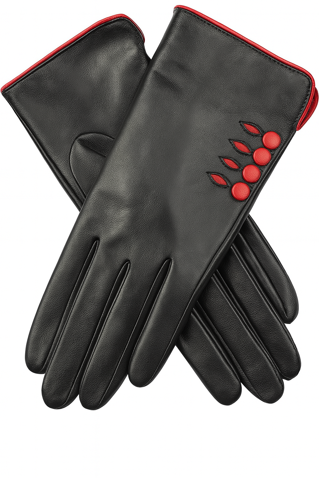 Dents Womens Leather Gloves w/ Button Detail Piped Cuff & Silk Feel Lining - Black/Berry — image 2