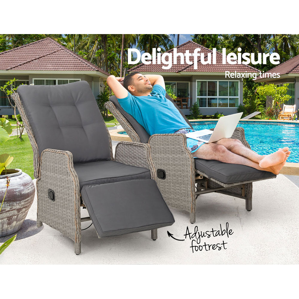 Gardeon 2PC Recliner Chairs Sun lounge Wicker Lounger Outdoor Furniture Adjustable Grey — image 4