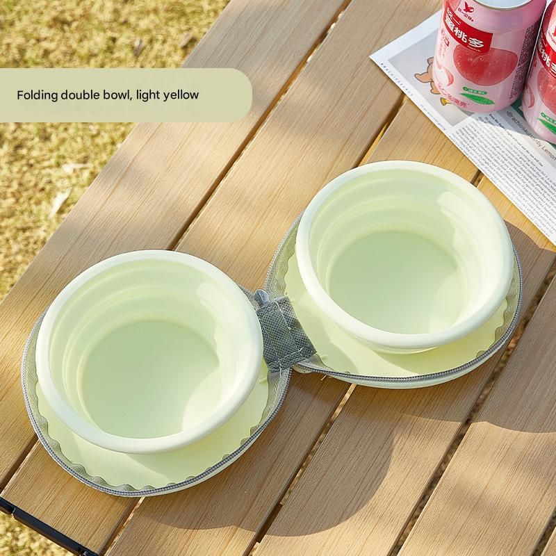 Light Yellow Portable Collapsible Silicone Pet Bowl - Food Grade Silicone - Dual Bowl Design, Adjustable Height, Lightweight & Compact, Bear Paw Pattern, for