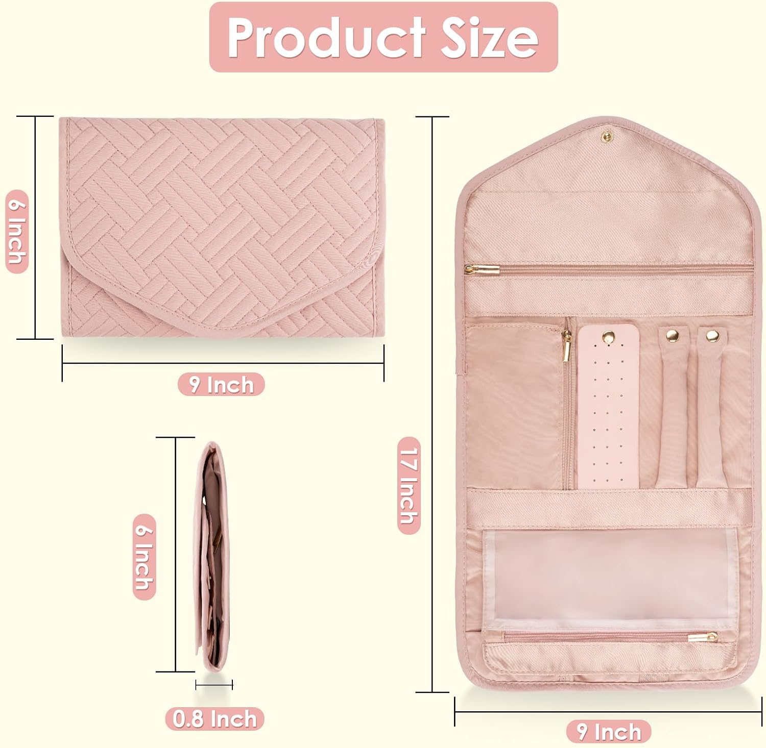 Travel Jewelry Organizer Bag Anti-Tangle Foldable Small Jewelry Roll Travel Case Accessory for Necklaces, Earrings, Rings, Bracelets, Watches, Pink — image 2