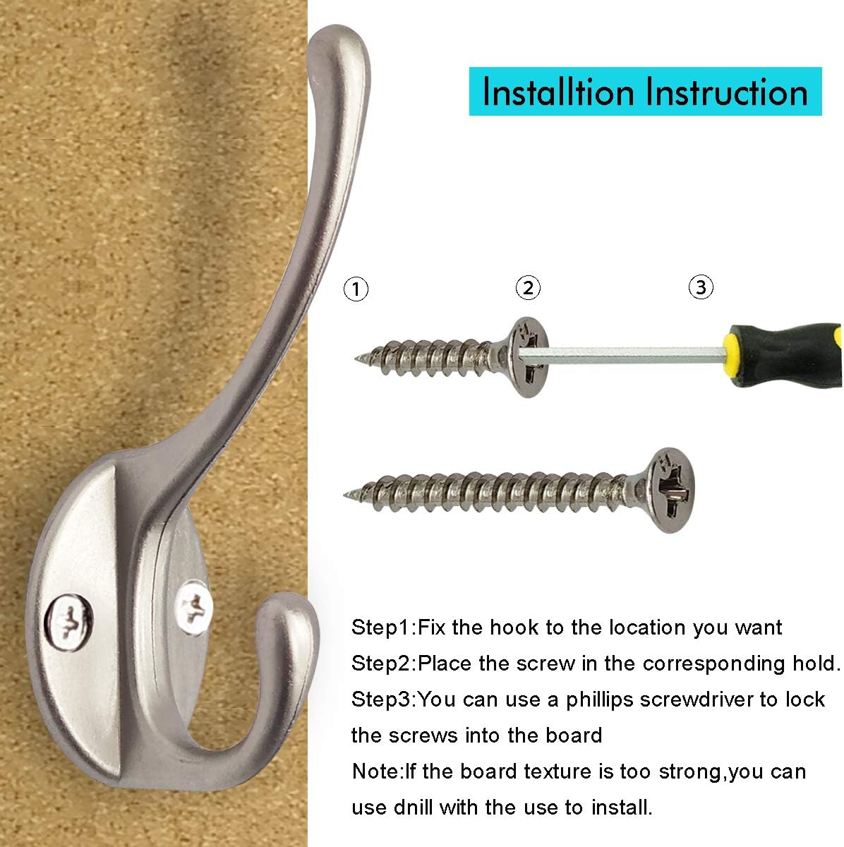 10 Pack Dual Coat Hooks Wall Mounted with 40 Screws Retro Double Hooks Utility Silvery Hooks for Coat, Scarf, Bag, Towel, Key, Cap, Cup, Hat (Silvery) — image 4