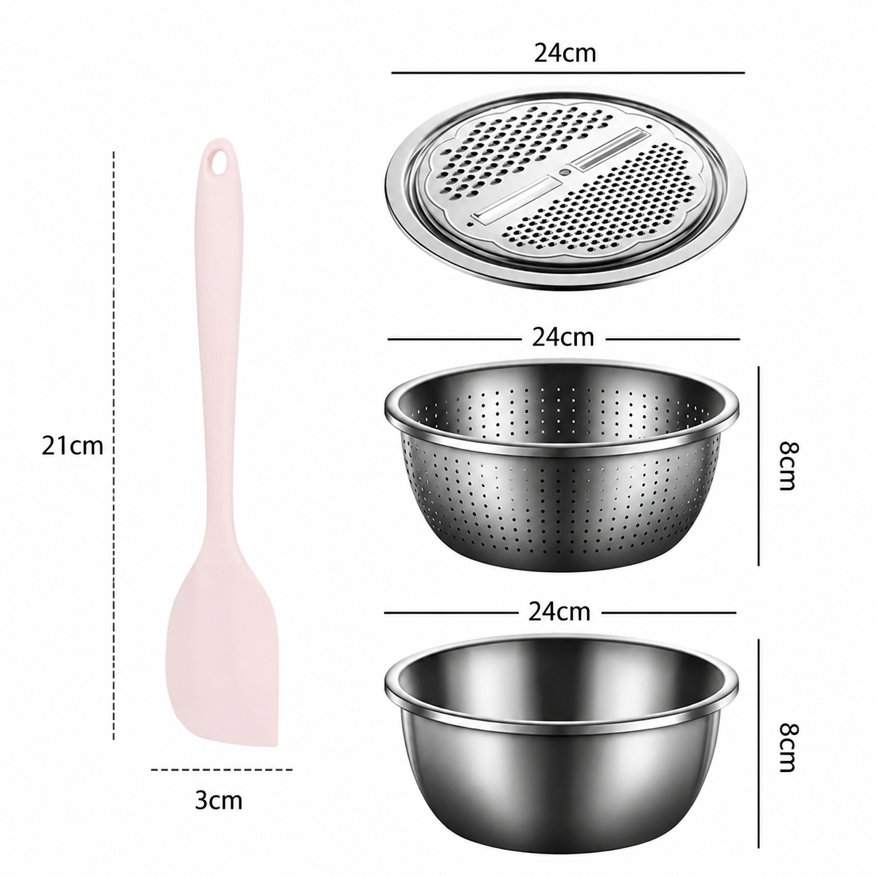 Home Salad Preparation Kit-Multifunctional Stainless Steel Vegetable Grater Bowl Set and Silicone Spatula - 28cm Kitchen Prep Tool for Slicing, Shredding