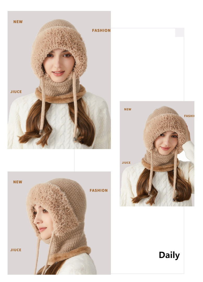 Winter Corn Velvet Hooded Scarf Mask Set - Thick Fleece Lined Knit Cap for Women - Warm Balaclava Neck Warmer for Extreme Cold - Khaki โ image 3