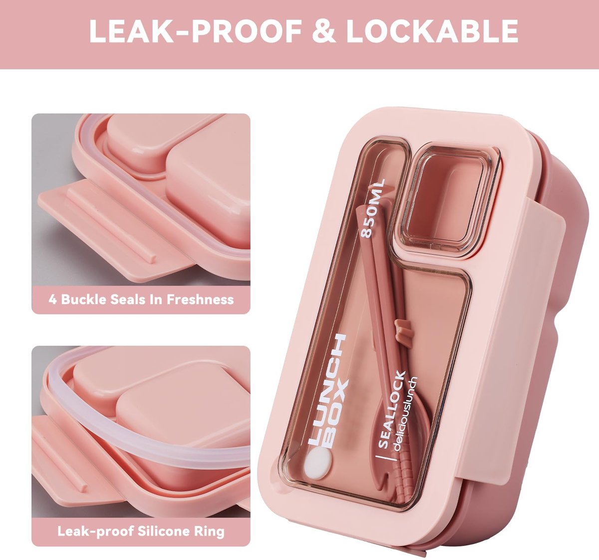 Bento Box - Bento Set with Cutlery - Lunch Bag - Lunch Box - Leakproof Food Container with Compartments - Lunch Box for Kids, School, Office, Picnic - Pink — image 2