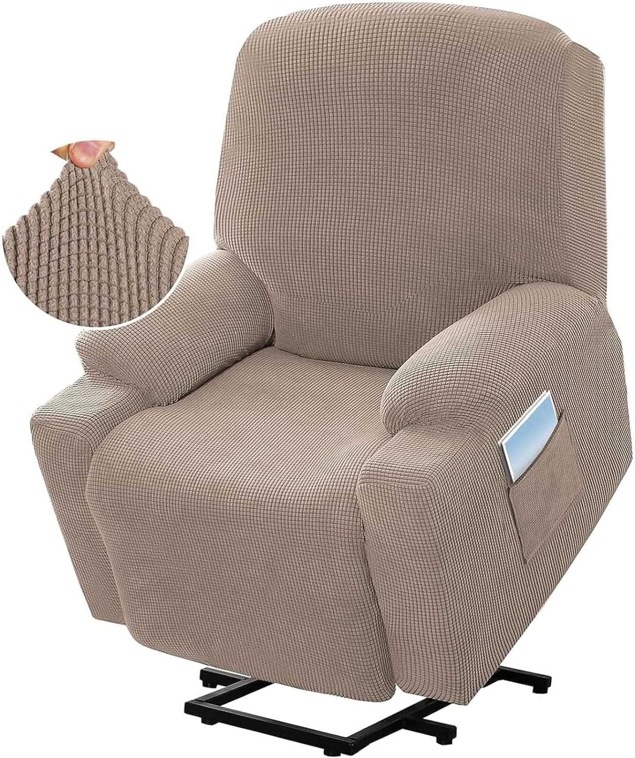 Recliner Slipcover High Stretch Soft Jacquard Fabric with Side Pocket for Standard Power Lift Recliner Beige, Letter E Option