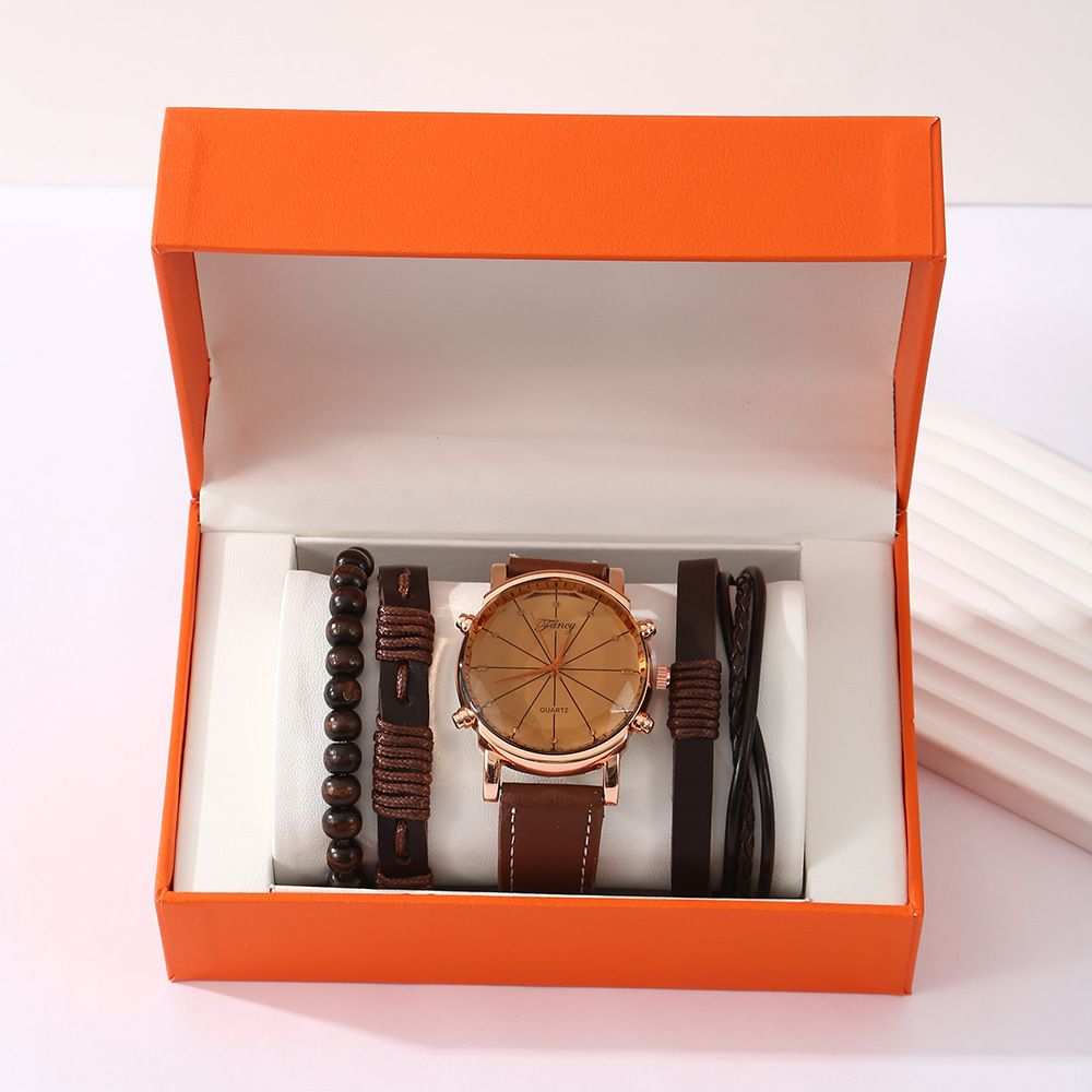Men’s Vintage Quartz Watch 5‑Piece Gift Set, Leather Wrist Watch with 3 Braided Bracelets, Complete Orange Gift Box, Practical Father's Day Gifts for Dad — image 3
