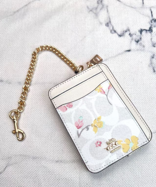 2 Pack Women's Mini Zip Card Holder & Coin Purse with Keychain - Signature Brown with Pink Trim & White Floral Print - Compact ID Wallet for Daily Use — image 2
