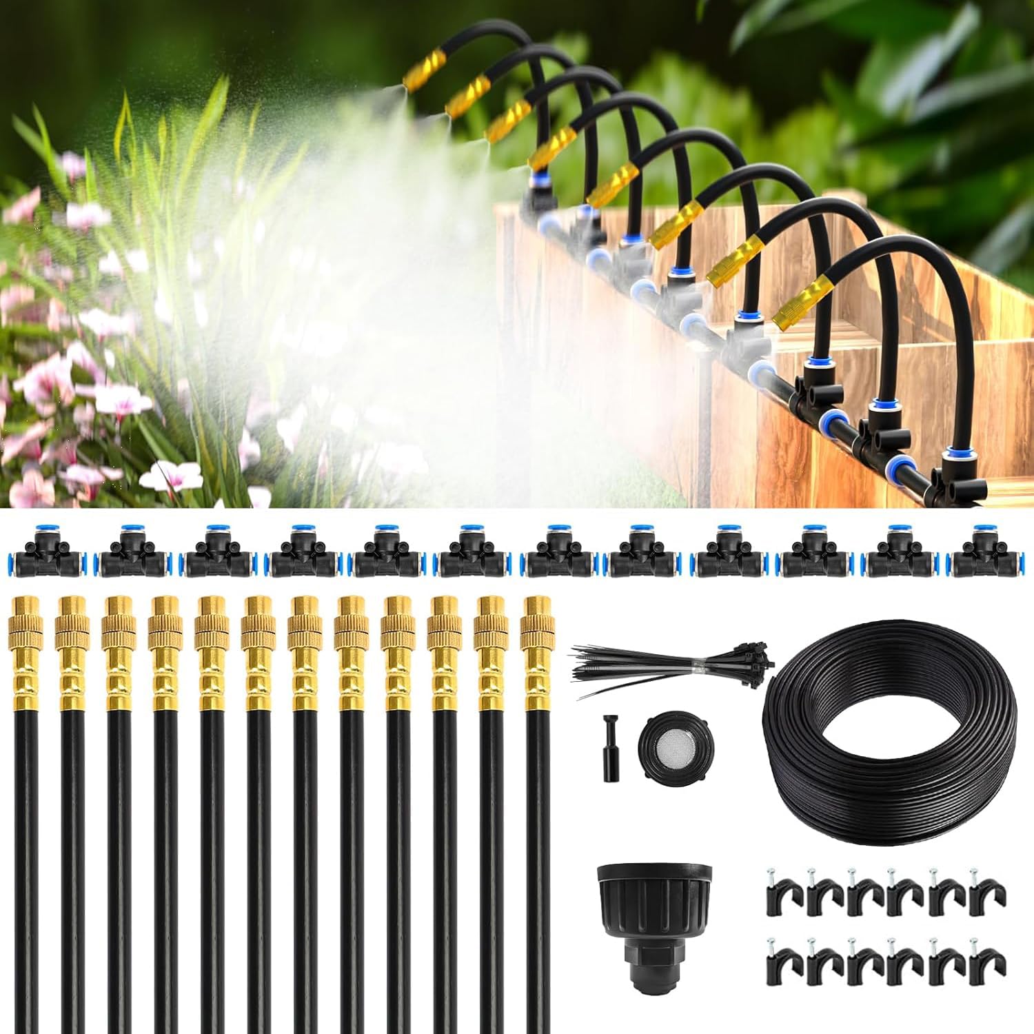 50Ft 1/4" Drip Irrigation System,Garden Irrigation Kit with 12pcs 360° Adjustable Copper Nozzles,Automatic Watering System for Outdoor,Raised Bed,Potted