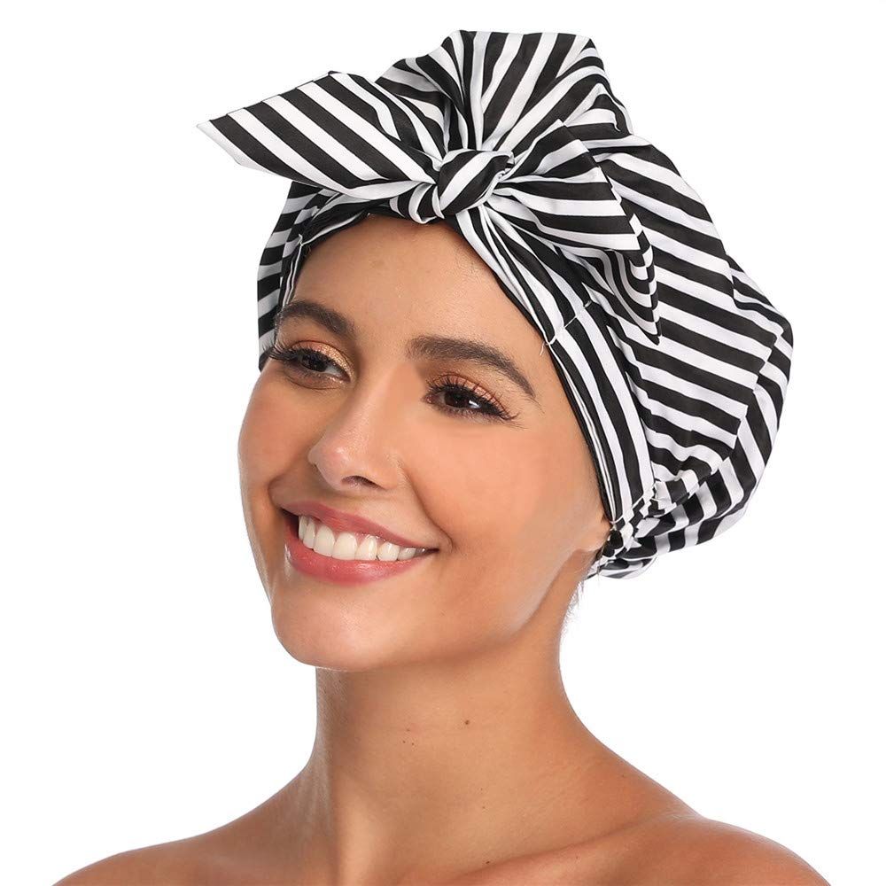 Shower Cap for Women Hair Caps for Shower Reusable Shower Cap for Long Hair Large Turban Shower Cap for Braids Black — image 2
