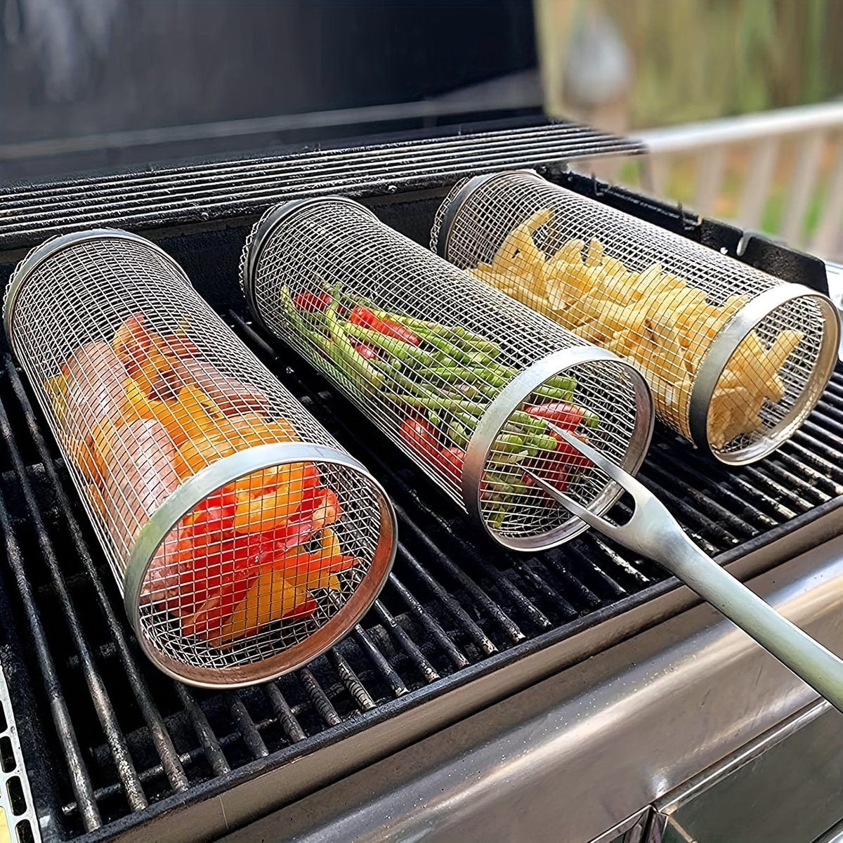 2 Pieces Stainless Steel 304 BBQ Grill Baskets, Cylindrical Mesh Barbecue Cages for Smokers, Kitchen and Outdoor Cooking — image 3