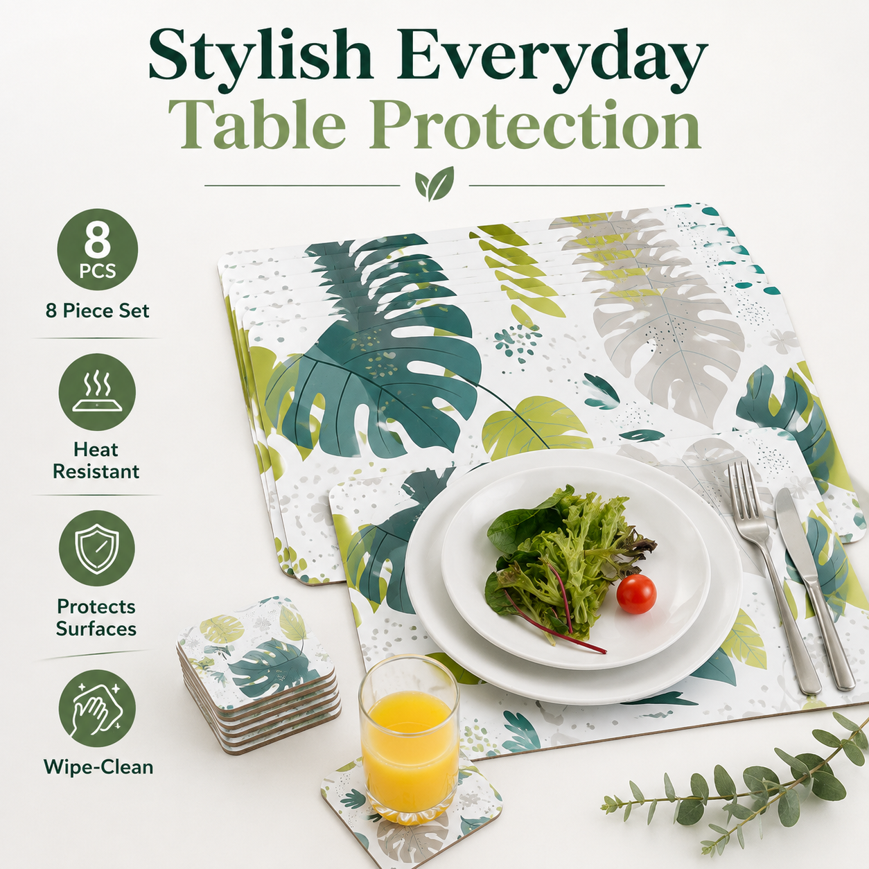 8pcs Monstera MDF Placemats Coasters Heat Resistant(34x26.5cm) โ image 2