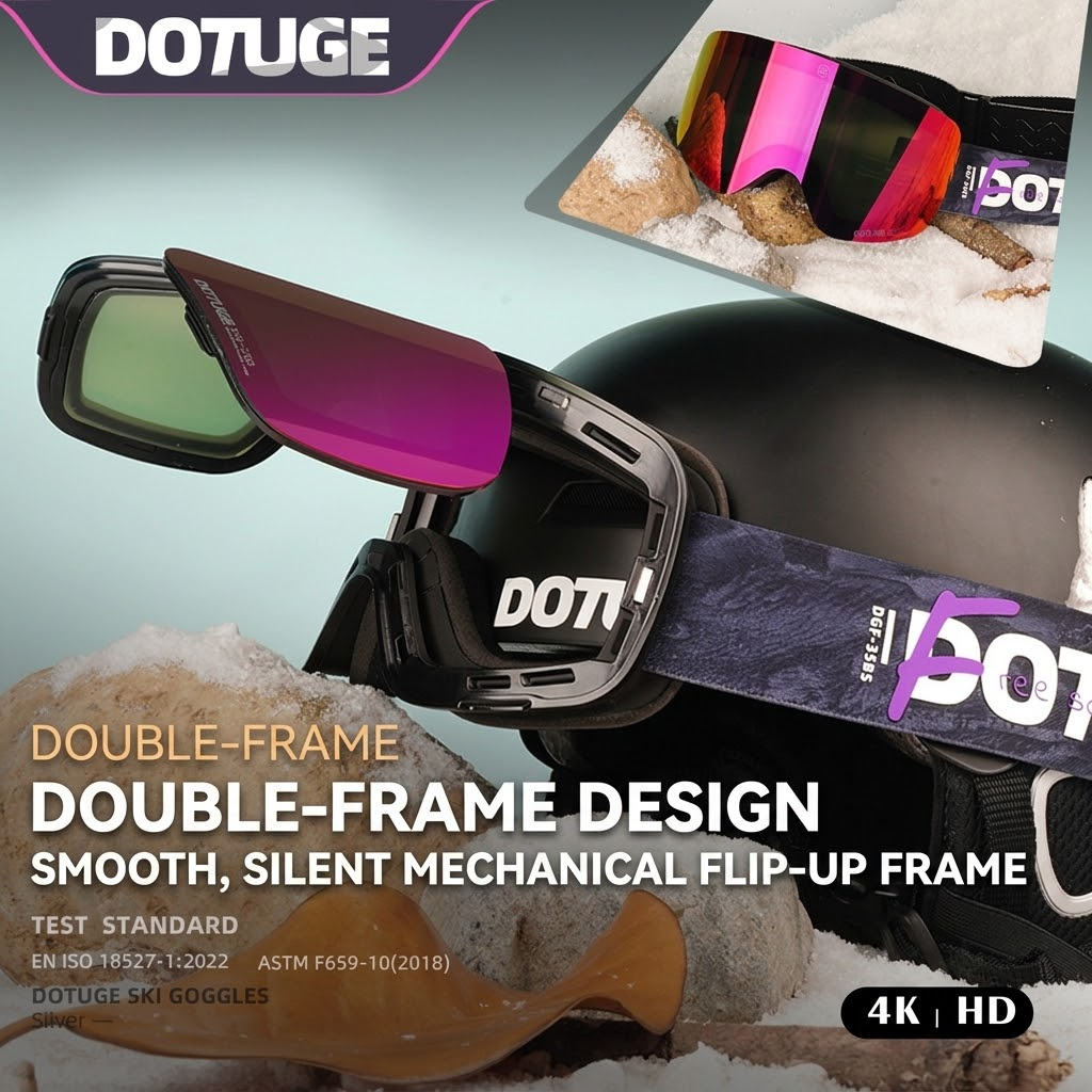 DOTUGE Magnetic Flip-Up Ski Goggles with Dual Frame Design, Anti-Fog HD Lens, Impact-Resistant TPU Frame, and Adjustable Strap for Winter Snow Sports (IceBlue) — image 2