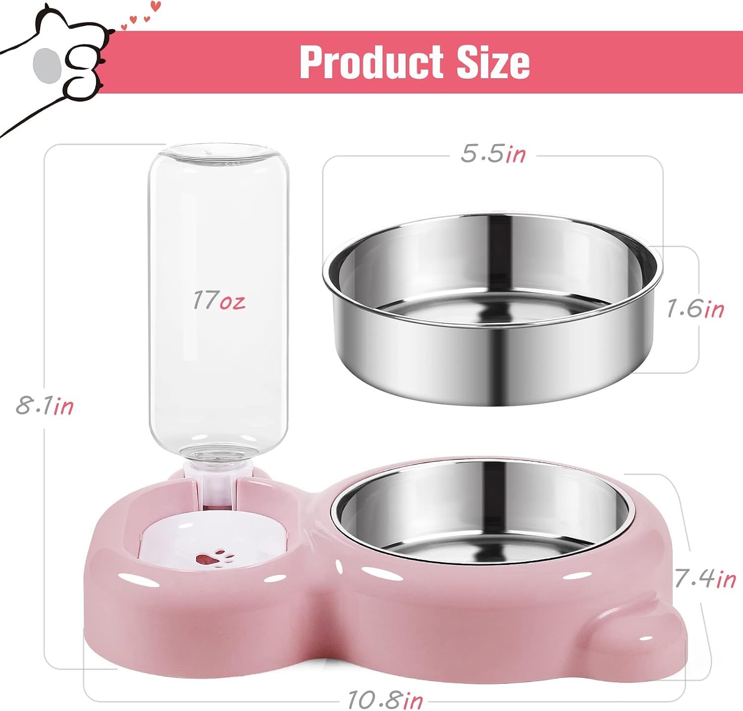 Cat Food and Water Bowl 2 in 1 with Automatic Water Dispenser Pink, 500 ml โ image 5