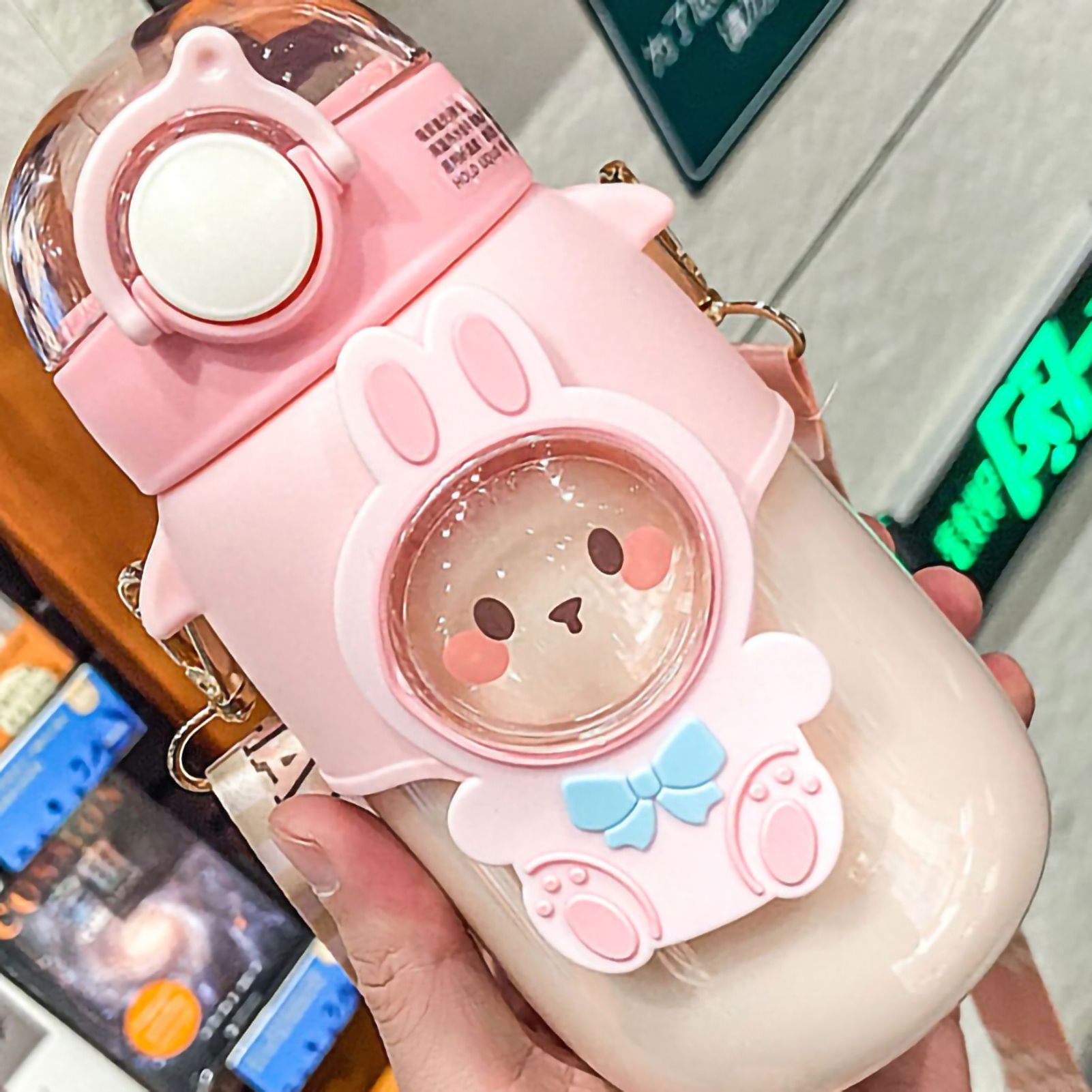 Soft Straw Drinking Cup Portable Plastic Sippy Cup Cartoon Pattern Water Bottle with Strap Pink — image 3