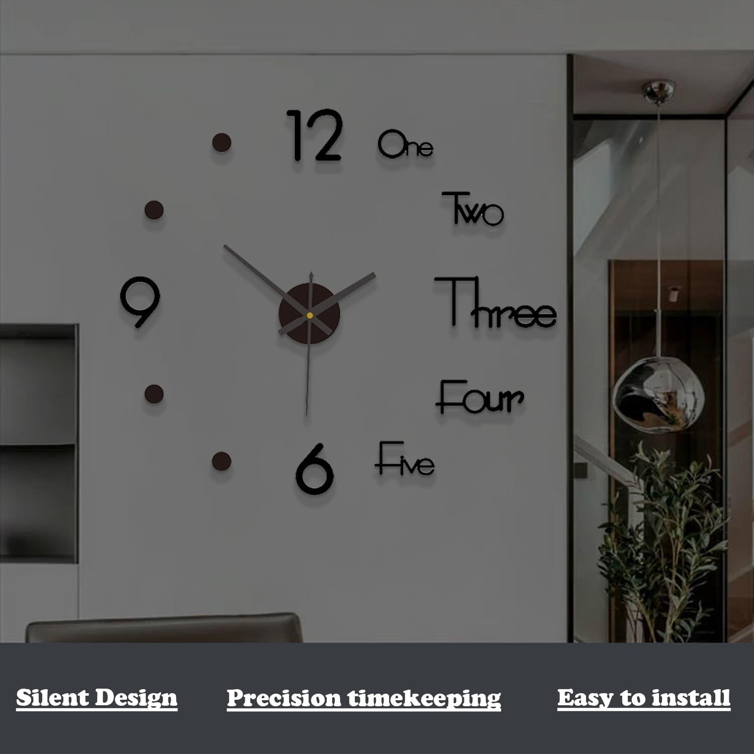 3D Wall Decal Decorative Clock,Black DIY Wall Clock for Bedroom Living Room Home Decorations,Easy to Assemble — image 4