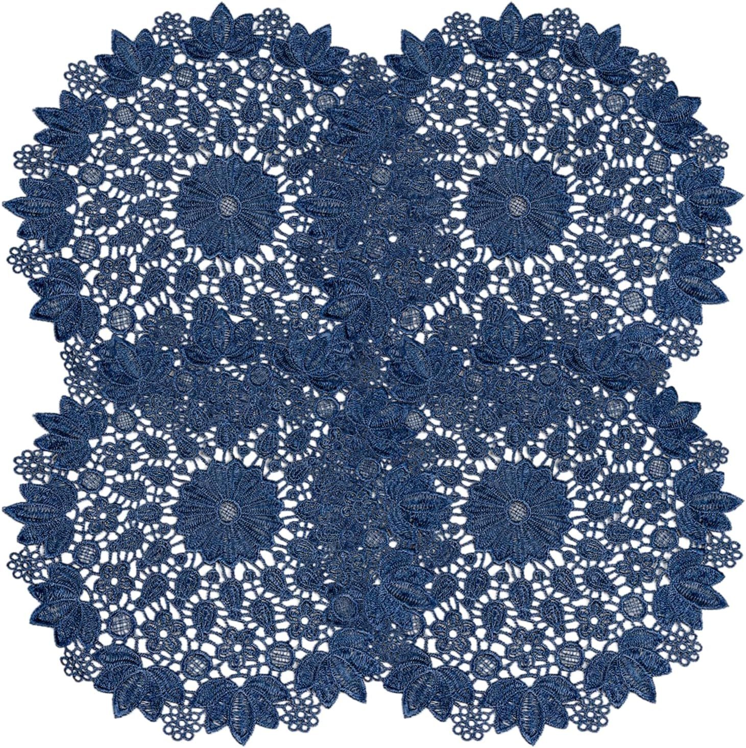Blue embroidered heat-insulating coaster with anti slip hollow embroidery lace placemat, bowl and dish mat, ethnic style ornament(25cm)