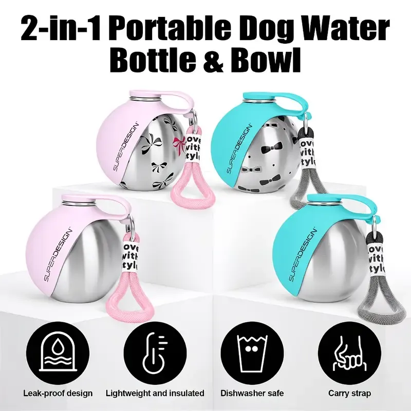 Portable Stainless Steel Cat & Dog Water Bottle, Leak-Proof 2-in-1 with Bowl, One-Press Drink & Feed for Outdoor Walks & Travel, Lightweight & Easy to Carry — image 5