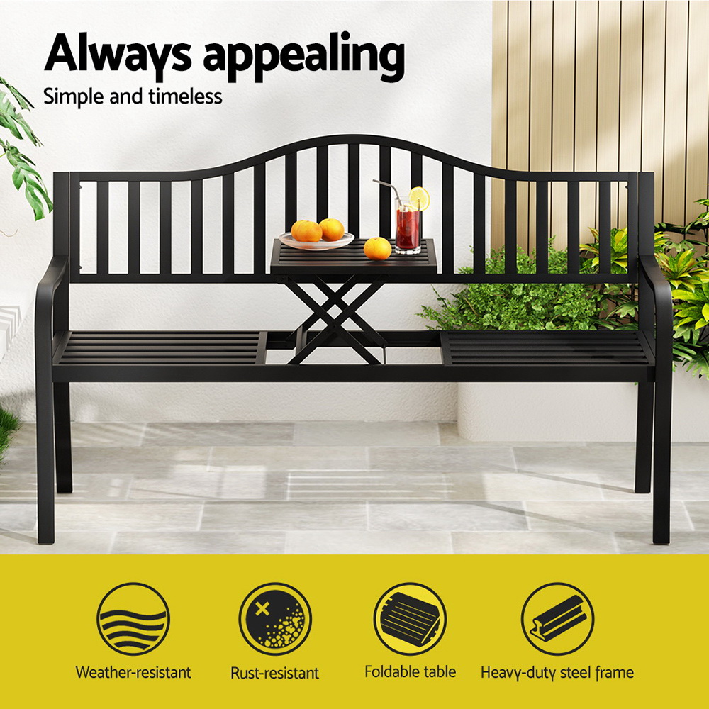 Gardeon Outdoor Garden Bench Seat Loveseat Steel Foldable Table Patio Furniture Black โ image 4