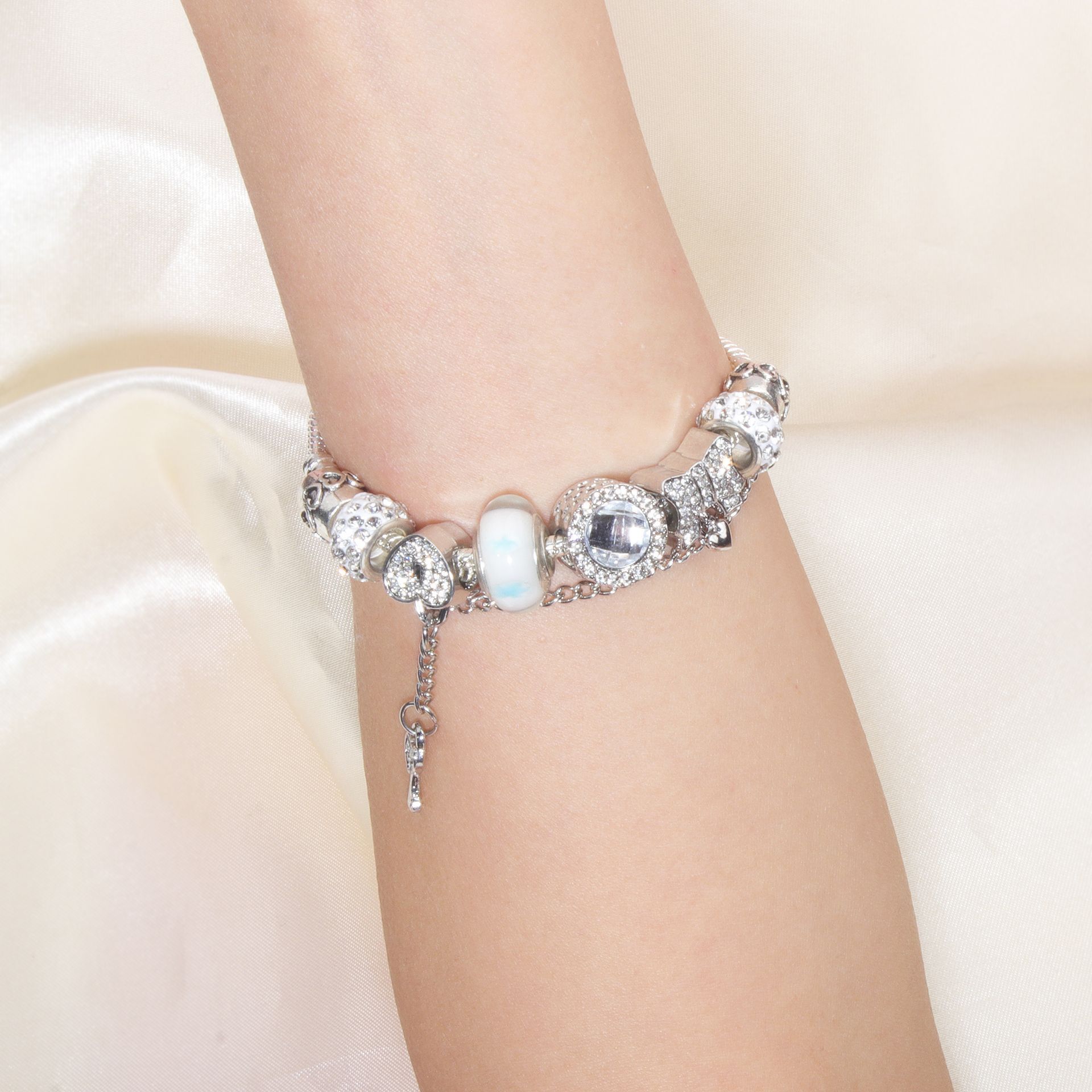 Rhinestone Cat's Eye Glass Bead Charm Bracelet - Heart Lock Pendant(17cm) โ image 2