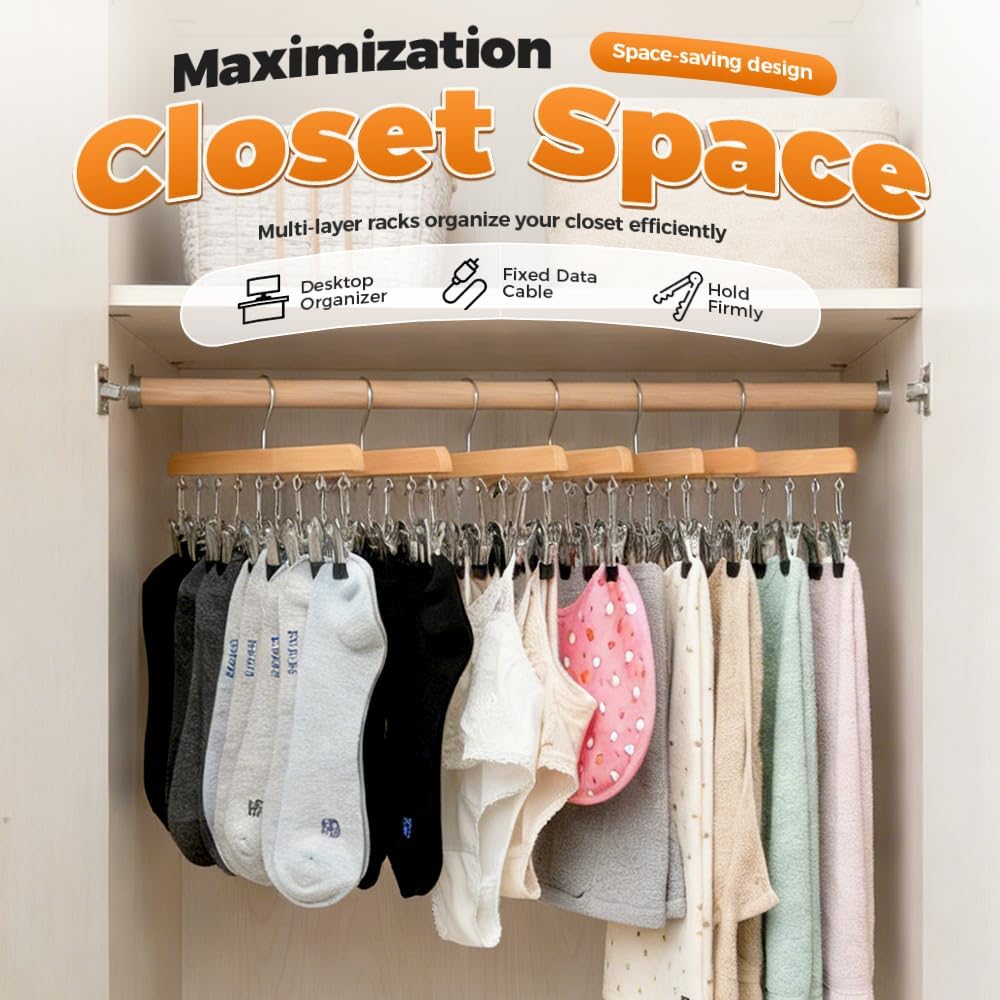 2 Pack Legging Hanger for Closet, with 10 Non Slip Clips Each, Wooden Clothes Hanger for Home Use, Space Saving Hanger for Family (Wood) — image 2