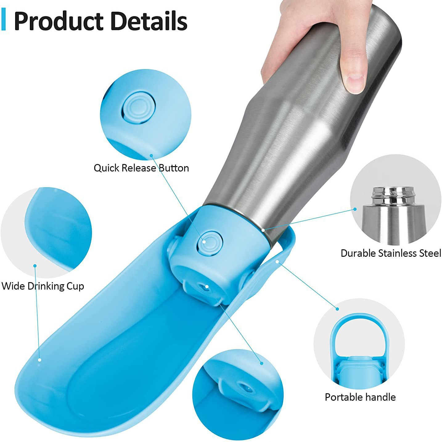 Light Blue 27oz Food-Grade 304 Stainless Steel Pet Water Bottle - Portable Dog and Cat Travel Cup, Outdoor Feeder for Walks and Hikes — image 4