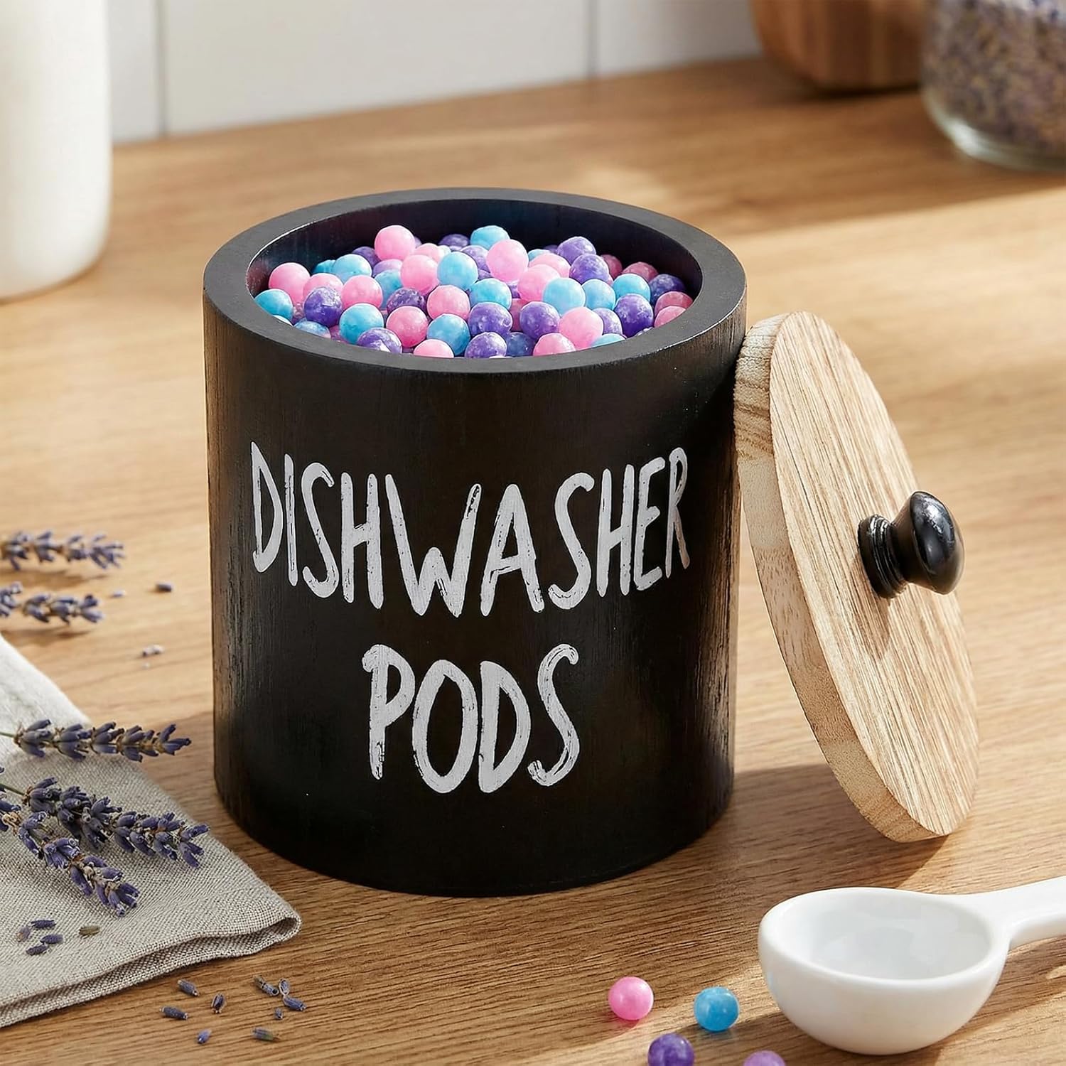 2 Pack Dishwasher Pod Container, Wood Tablet Holder with Lid, Round Laundry Pods Dispenser, Farmhouse Detergent Tin Organizer for Home Kitchen Cabinet Decor — image 5