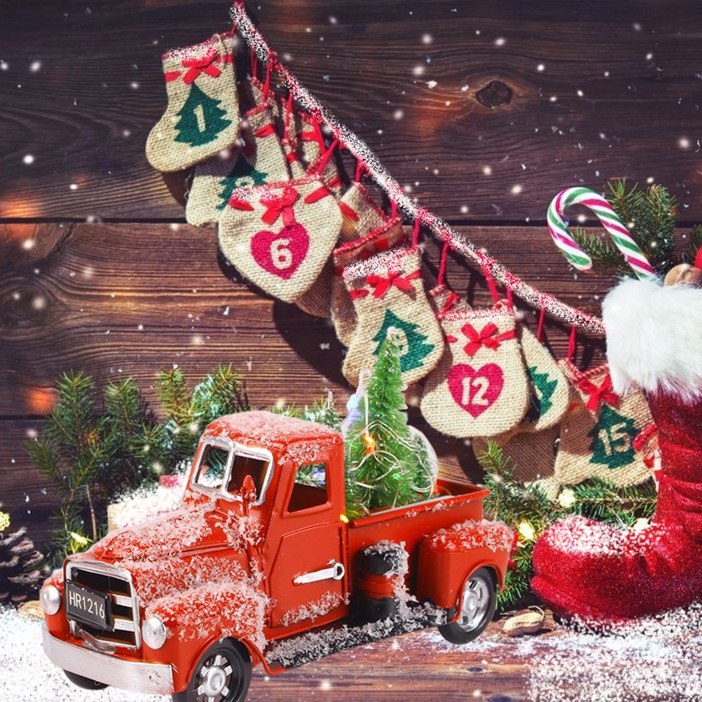 Christmas Vintage Red Truck Metal Truck Car with Christmas Trees Ornaments for Home Fireplace Desktop Decorations Holiday Xmas Supplies β image 3