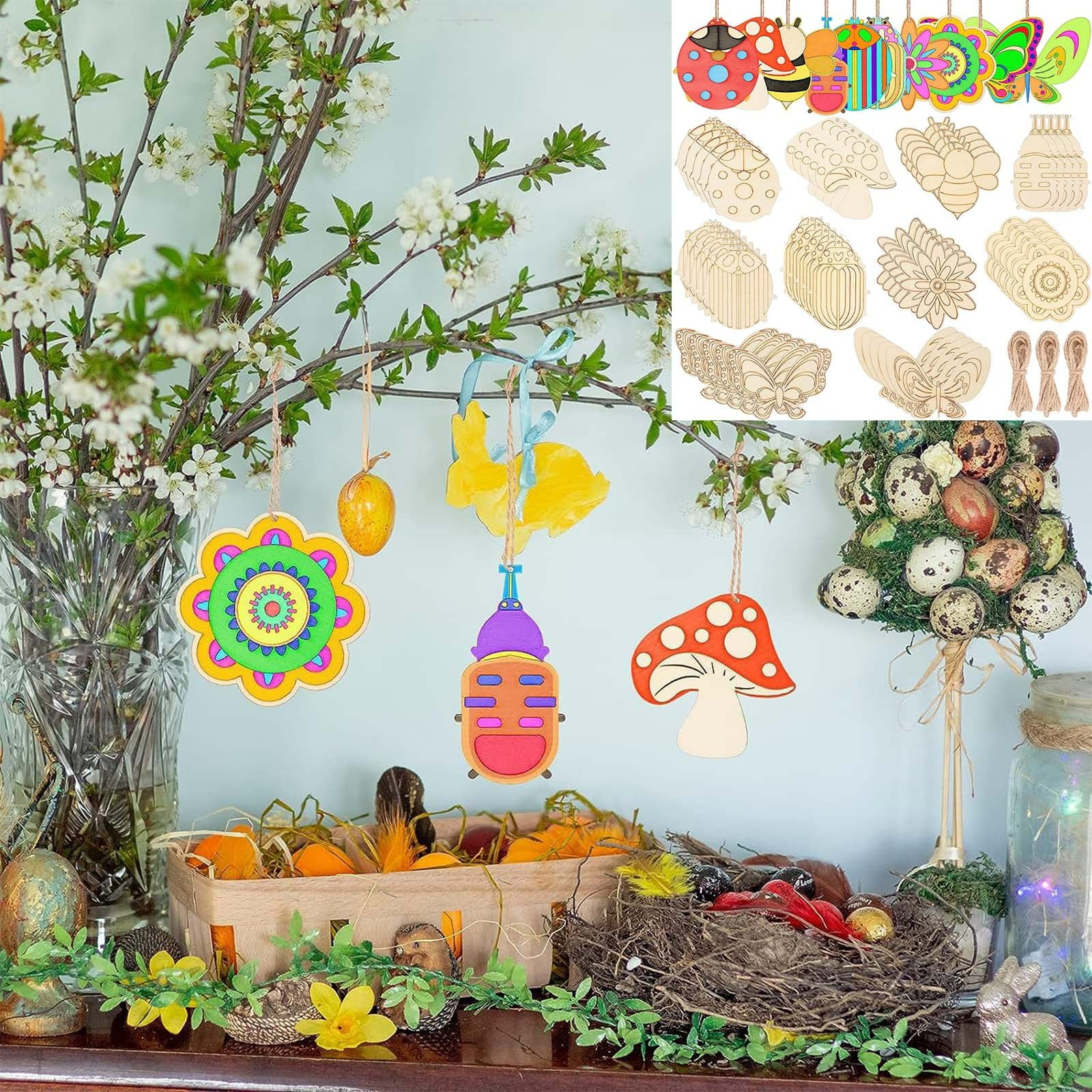 60Pcs Wood Cutouts Ornaments for Crafts Butterfly Flower Unfinished Wooden Slices DIY Paint Crafts Blank Hanging Embellishment for Painting Spring Holiday โ image 3