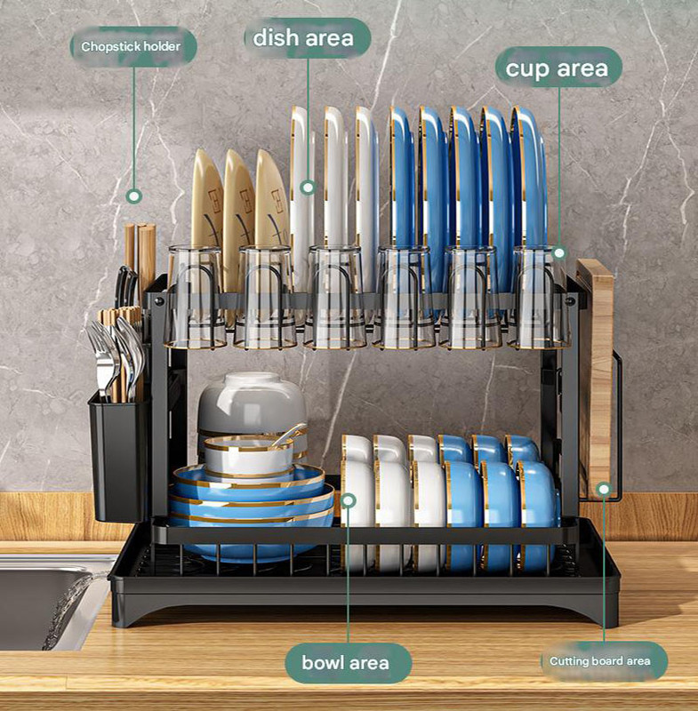 Black Foldable Dish Rack with Drain Tray, Knife & Chopstick Holder, Cup Rack, and Cutting Board Support – 42cm x 29cm x 29cm, Easy-Install Kitchen Storage — image 2