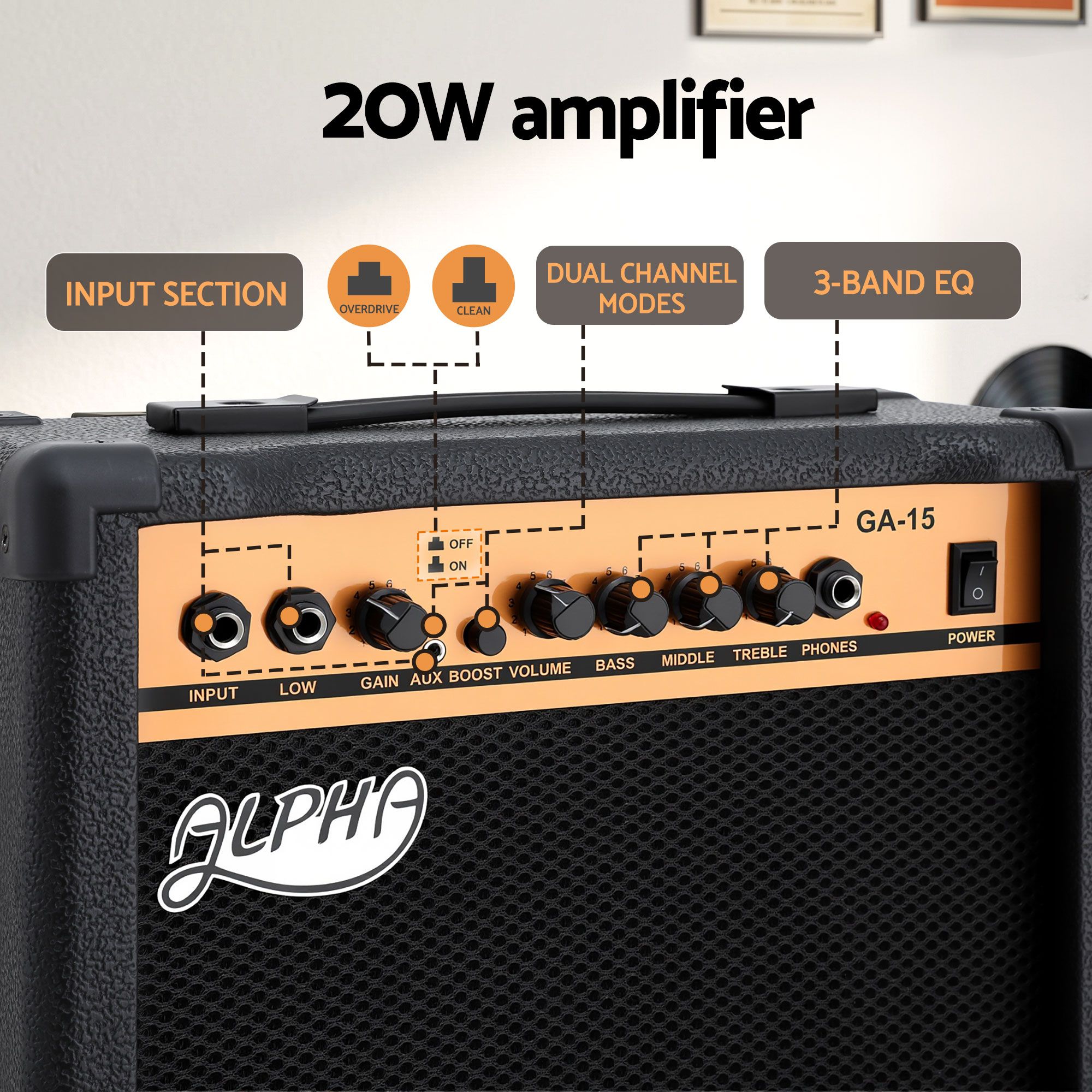 Alpha 20W Guitar Amplifier Portable Practice Amp Overdrive 3-Band EQ Black — image 4